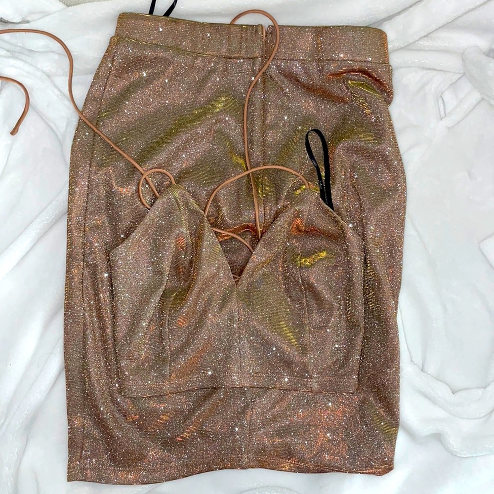 LULUS Shimmer and Shake Iridescent Gold Two Piece Dress